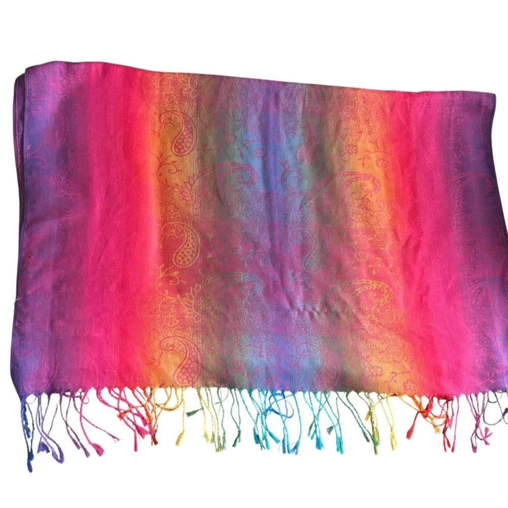 100% Cashmere Jewel Tone Rectangle Large Scarf Fringe Pink Purple Paisley Print